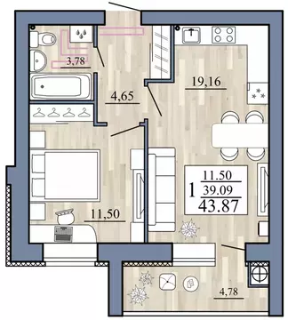 1-к кв. Рязанская область, Рыбное  (43.87 м)