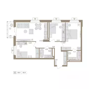 3-к кв. Башкортостан, Уфа бул. Яркий (80.24 м)