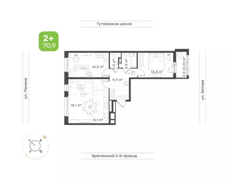 3-к кв. Ярославская область, Ярославль Тутаевское ш., 93Б (70.9 м)