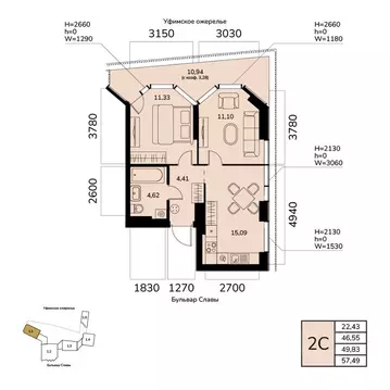 2-к кв. Башкортостан, Уфа ул. Чудинова (49.83 м)