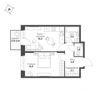 1-к кв. Свердловская область, Екатеринбург Солнечный жилрайон,  (43.3 ...