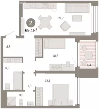 3-комнатная квартира: Тюмень, улица Муравленко, 9к1 (69.37 м)