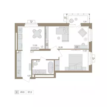 2-к кв. Башкортостан, Уфа бул. Яркий (56.29 м)