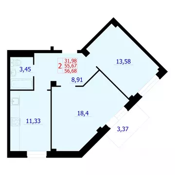 2-к кв. Красноярский край, Красноярск Северное ш. (56.68 м)