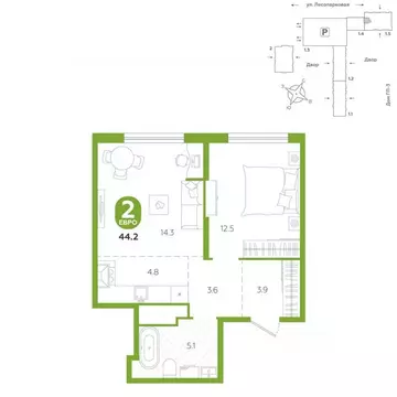 2-к кв. Тюменская область, Тюмень ул. Лесопарковая, 22 (44.2 м)