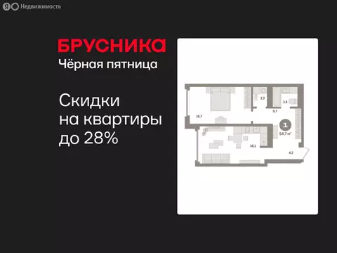 1-комнатная квартира: Екатеринбург, улица Советских Женщин (54.7 м)