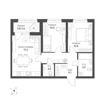 2-к кв. Свердловская область, Екатеринбург Солнечный жилрайон,  (56.6 ...