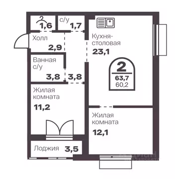 2-к кв. Челябинская область, Челябинск просп. Ленина, 19В (60.2 м)