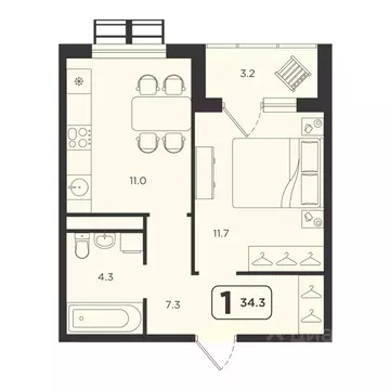 1-к кв. Тюменская область, Тюмень  (34.3 м)
