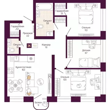 3-к кв. Нижегородская область, Нижний Новгород ул. Тургенева (75.8 м)
