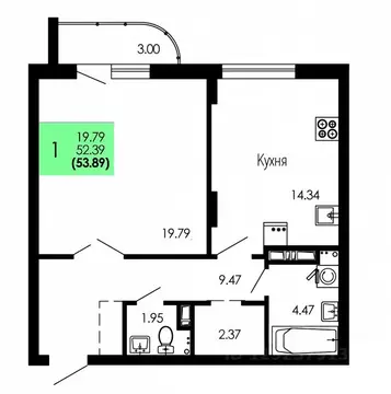 1-к кв. Воронежская область, Воронеж Оникс жилой комплекс (53.89 м)