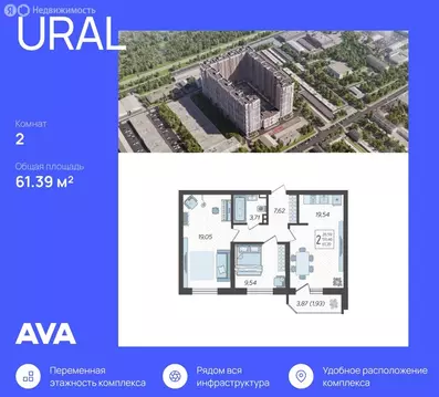2-комнатная квартира: Краснодар, Уральская улица, 87/7 (61.39 м)