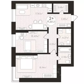 2-к кв. Башкортостан, Уфа Южный-2 мкр,  (71.64 м)