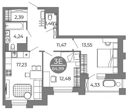 2-к кв. Воронежская область, Воронеж ул. Кривошеина, 13/14 (64.99 м)