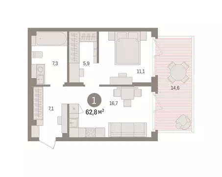 1-комнатная квартира: Пермь, улица Солдатова (62.79 м)