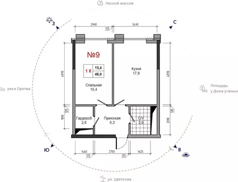 1-к кв. Калужская область, Обнинск ул. Усачева (46.0 м)