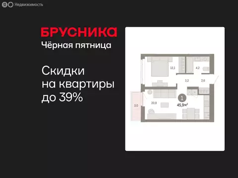 1-комнатная квартира: Тюмень, улица Республики, 205к3 (45.87 м)