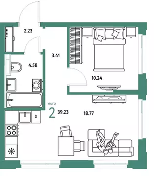 2-к кв. Тюменская область, Тюмень ул. 50 лет Октября, 61к1 (39.23 м)