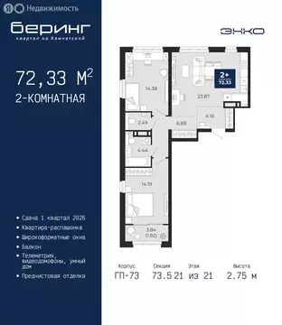 2-комнатная квартира: Тюмень, Ленинский округ, ЖК Беринг (72.33 м)