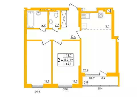 2-к кв. Башкортостан, Уфа Инорс-4Б мкр, Акварель жилой комплекс (67.0 ...