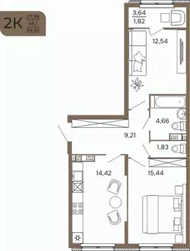 2-к кв. Пензенская область, Пенза Арбеково Парк жилой комплекс (59.92 ...