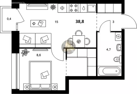 1-комнатная квартира: Санкт-Петербург, Галерный проезд, 1к2 (38.8 м)