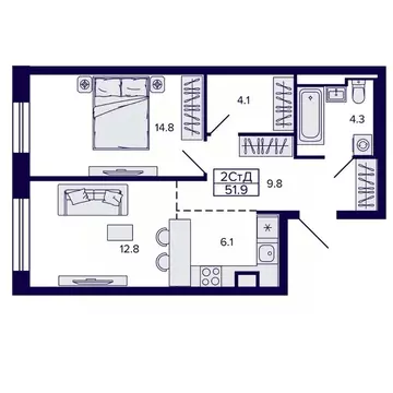 2-к кв. Хабаровский край, Хабаровск ул. Карла Маркса (51.91 м)