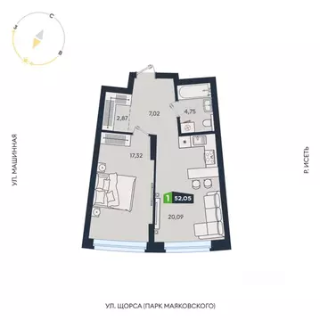 1-к кв. Свердловская область, Екатеринбург ул. Машинная, 1В/4 (52.05 ...