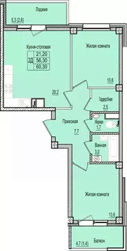 2-к кв. Псковская область, Псков Крестовский жилой комплекс (60.3 м)