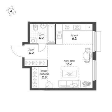 Студия Свердловская область, Екатеринбург Солнечный жилрайон,  (34.0 ...