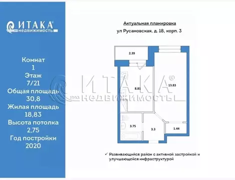 1-к кв. Санкт-Петербург ул. Русановская, 18к3 (30.8 м)