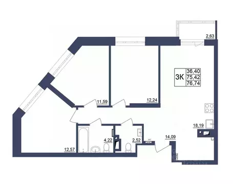 3-к кв. Башкортостан, Уфа Космос жилой комплекс, лит1 (75.99 м)