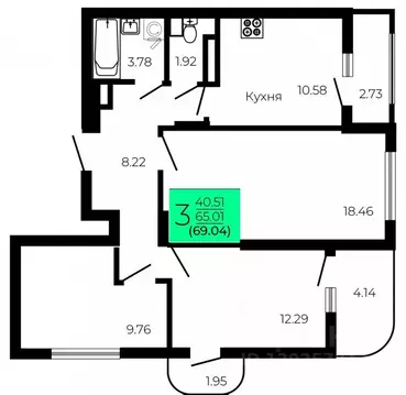 3-к кв. Воронежская область, Воронеж Оникс жилой комплекс (69.04 м)
