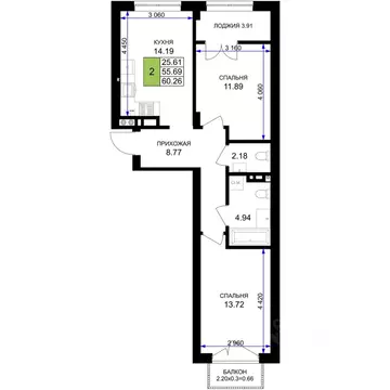2-к кв. Калининградская область, Гурьевск Включи жилой комплекс (60.26 ...