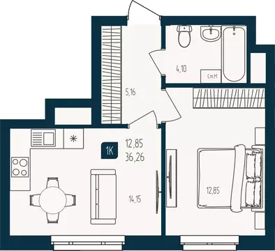 1-к кв. Тюменская область, Тюмень  (36.26 м)