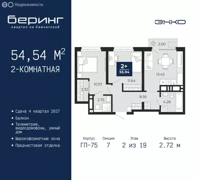 2-комнатная квартира: Тюмень, Ленинский округ, ЖК Беринг (54.54 м)