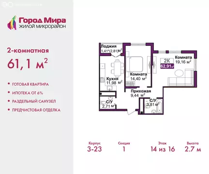 2-комнатная квартира: Симферополь, улица Батурина, 177к2 (61.1 м)