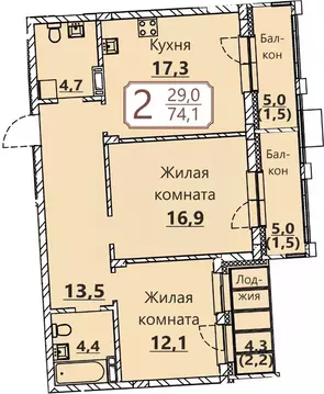 2-к кв. Чувашия, Чебоксары ул. Герцена, поз3 (74.1 м)