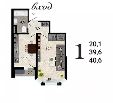 1-к кв. Воронежская область, Воронеж 8 Элемент жилой комплекс (40.8 м)