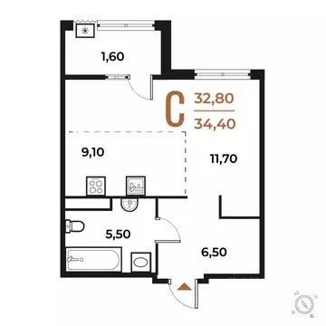 Студия Москва № 82 кв-л, Новое Летово жилой комплекс (34.4 м)