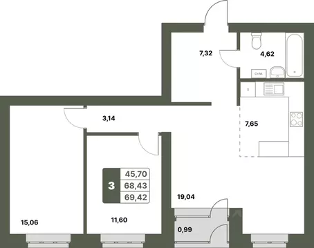 3-к кв. Башкортостан, Уфимский район, с. Миловка  (69.42 м)