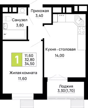 1-к кв. Адыгея, Тахтамукайский район, Яблоновский пгт  (34.5 м)