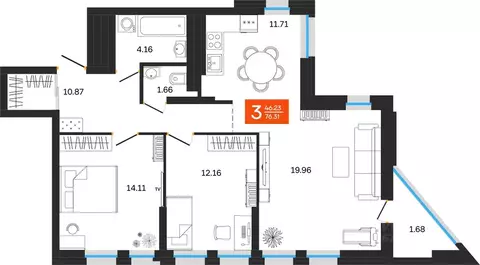 3-к кв. Башкортостан, Уфа ул. Султанова, 28 (76.31 м)