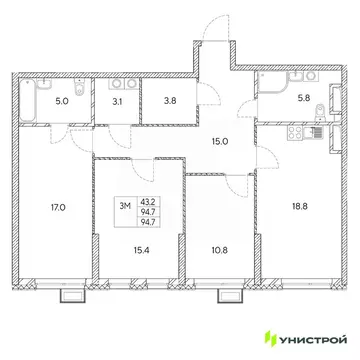 3-к кв. Свердловская область, Екатеринбург Вторчермет жилрайон,  (94.7 ...