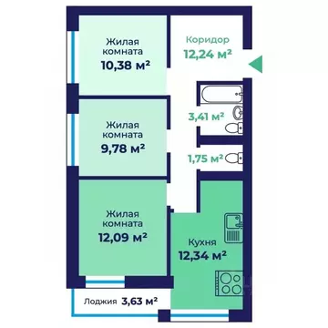 2-к кв. Ярославская область, Ярославль Аэропарк жилой комплекс (63.81 ...