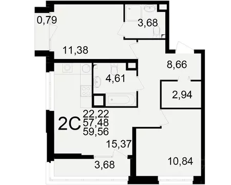 2-к кв. Рязанская область, Рязань Аура жилой комплекс (57.48 м)