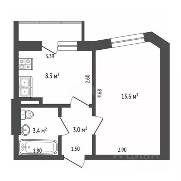 1-к кв. Вологодская область, Вологда ул. Гагарина, 82А (29.0 м)