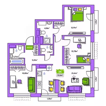 3-к кв. Тюменская область, Тюмень Полевая ул., 93к1 (79.14 м)