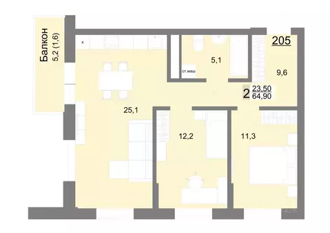 2-к кв. Свердловская область, Екатеринбург ул. Металлургов, 63/3 (64.9 ...
