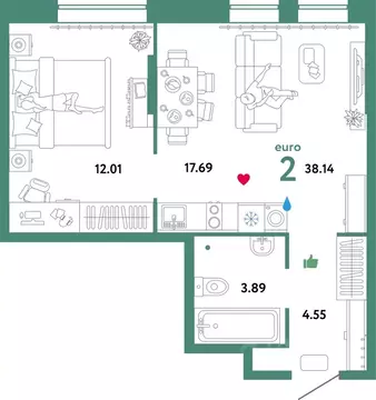 2-к кв. Тюменская область, Тюмень Интернациональная ул., 199к9 (37.22 ...